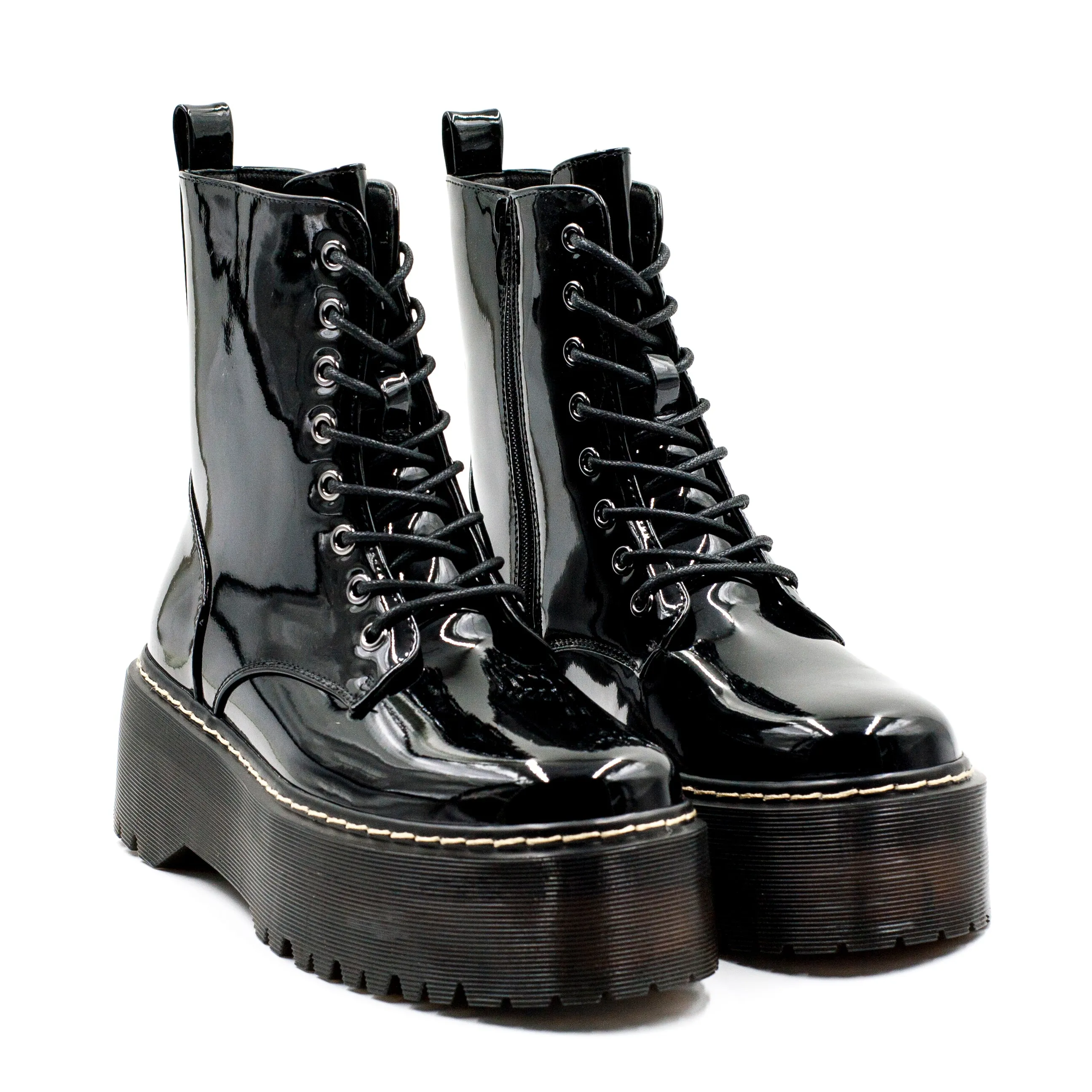 New Walk Botin Mujer Charol Con Cordon Negro