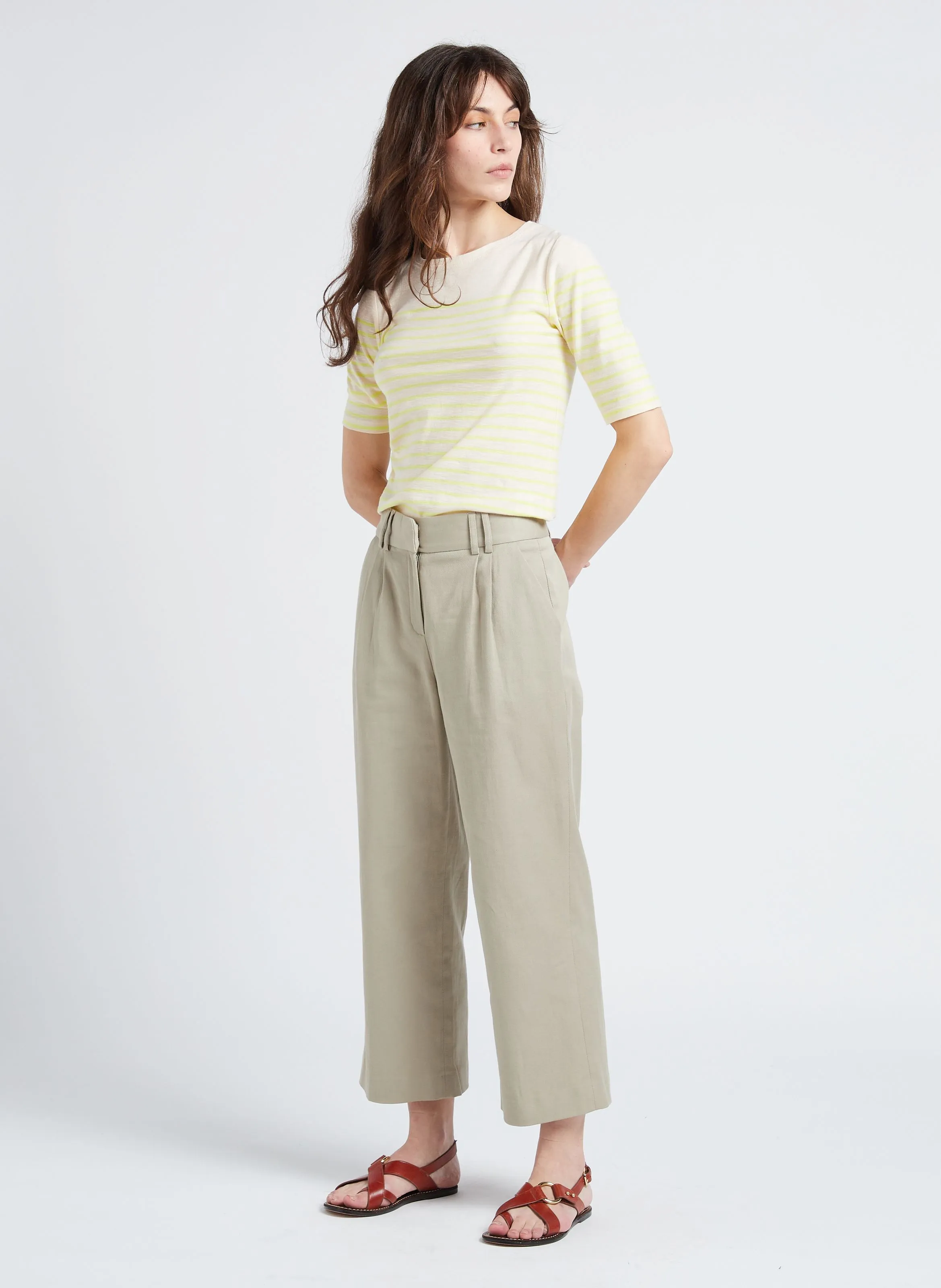 PIPO - Pantalón recto de mezcla de lino y algodón en verde