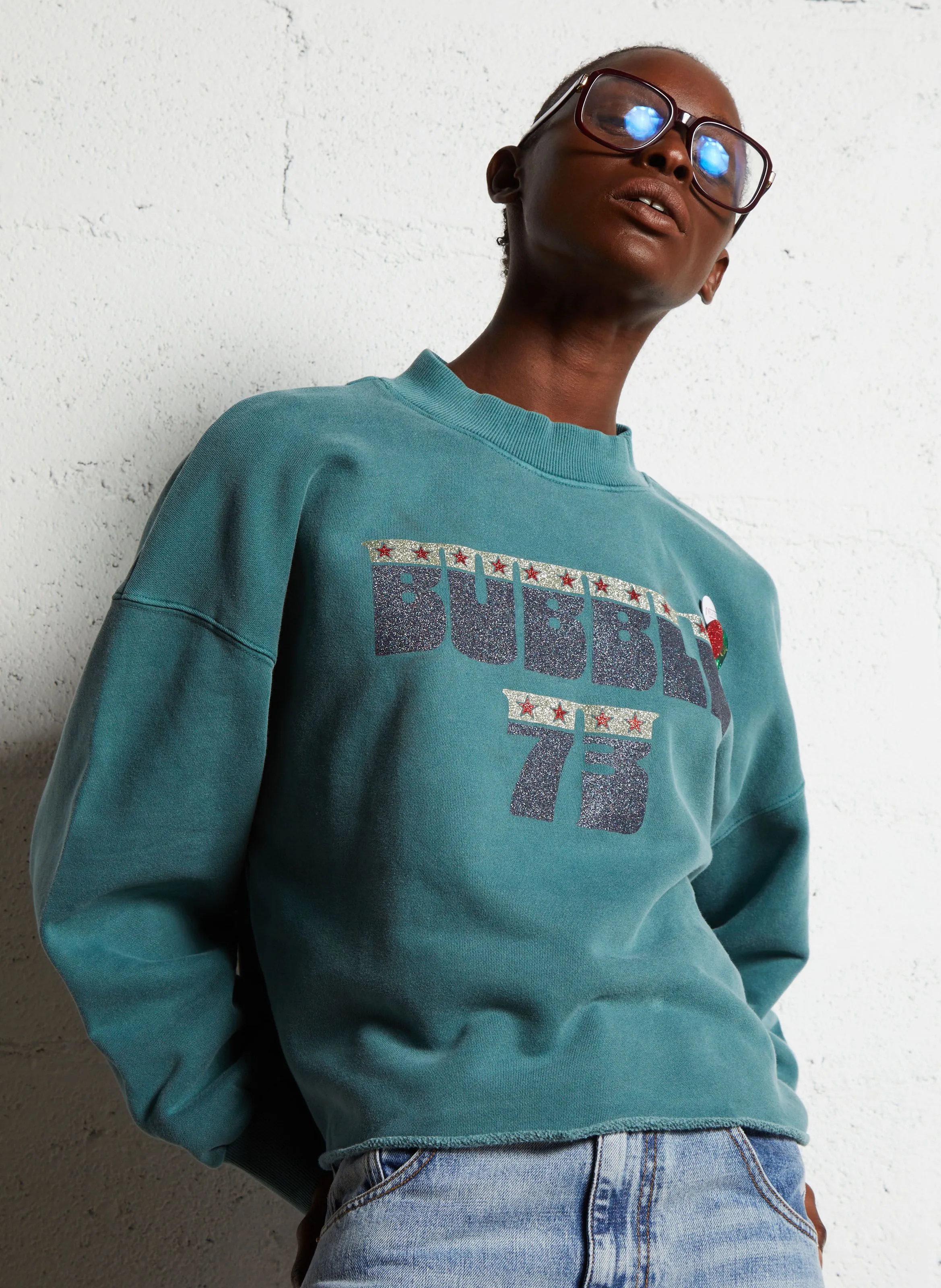 PORTER BUBBLE - Sudadera holgada de algodón con cuello redondo y detalle serigrafiado en verde