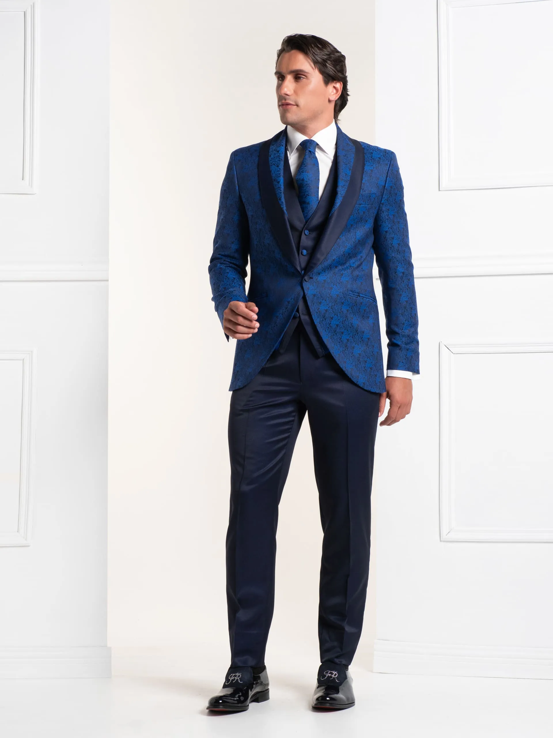TRAJE CEREMONIA BROCADO FIESTA 1 BOTÓN AZULON